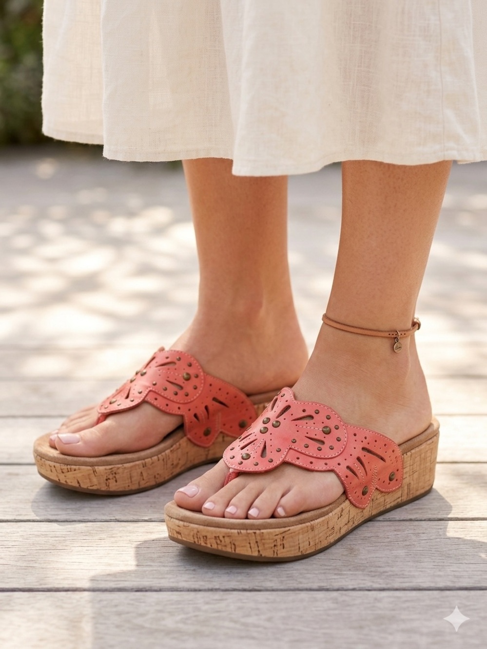 Clarks Artisan "Palima Palm" Coral Cutout Cork Wedge Sandals